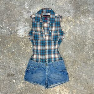 Y2K Studded Blue Plaid Top Low Rised Shorts One Piece Romper